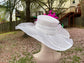 Sinamay Kentucky Derby Hat: White Wide Brim with Hot Pink Feather Flower