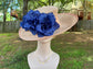Wide Brim Sinamay Derby Hat: Peach & Navy Satin Flowers