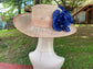 Wide Brim Sinamay Derby Hat: Peach & Navy Satin Flowers