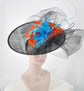 Sinamay Fascinator Hat: Black Disc with Silk Flowers & Feather Flowers