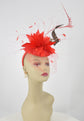 Red Sinamay Disc Fascinator Hat with  Red  Jumbo  Feather Flower,Colorful Feathers ,Jumbo Netting