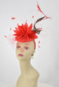 Red Sinamay Disc Fascinator Hat with  Red  Jumbo  Feather Flower,Colorful Feathers ,Jumbo Netting