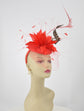 Red Sinamay Disc Fascinator Hat with  Red  Jumbo  Feather Flower,Colorful Feathers ,Jumbo Netting
