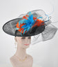 Sinamay Fascinator Hat: Black Disc with Silk Flowers & Feather Flowers