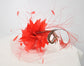 Red Sinamay Fascinator Hat, Feather Flower, Jumbo Netting