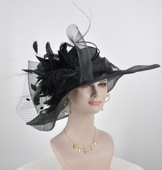 Black Kentucky Derby Hat: Feather Flower Sinamay Church Hat