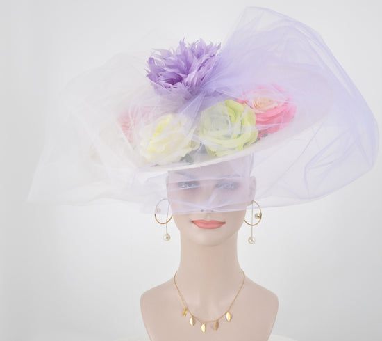 Sinamay Disc Fascinator Hat: White with Silk Flowers & Tulle Bows