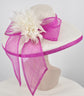 Sinamay Derby Hat: White & Hot Pink Feather Bow, Wide Brim