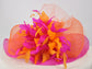 Hot Pink Sinamay Derby Hat: Orange Bow & Feather Flowers