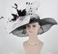 Black w White and Pink Jumbo Bow and Feather Flowers Kentucky Derby Hat,  Tea Party Hat Wide Brim  Sinamay  Hat