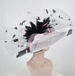 Black w White and Pink Jumbo Bow and Feather Flowers Kentucky Derby Hat,  Tea Party Hat Wide Brim  Sinamay  Hat