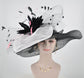 Black w White and Pink Jumbo Bow and Feather Flowers Kentucky Derby Hat,  Tea Party Hat Wide Brim  Sinamay  Hat