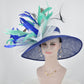Blue Sinamay Kentucky Derby Hat: Feather Flowers, Wide Brim Royal Ascot