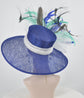 Royal Blue Teal Blue White Wide Brim Sinamay Hat for Kentucky Derby, Ascot Racing Hat, Elegant Wedding Guest Hat, Mother of the Bride Hat
