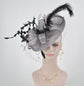 Gray Sinamay Fascinator Hat: Feather & Net Derby Race Headband