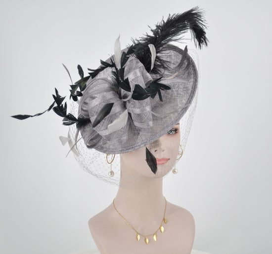 Gray Sinamay Fascinator Hat: Feather & Net Derby Race Headband