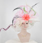 White w Pink Jumbo Bow and Feather Flowers Kentucky Derby Hat,  Tea Party Hat Wide Brim  Sinamay  Hat