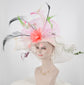 Pink Floral Derby Hat, Wide Brim Sinamay Feather Hat