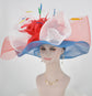 Wide Brim Sinamay Derby Hat: Blue, White, Red Feather Flower Bow