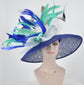 Blue Sinamay Kentucky Derby Hat: Feather Flowers, Wide Brim Royal Ascot