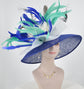 Blue Sinamay Kentucky Derby Hat: Feather Flowers, Wide Brim Royal Ascot