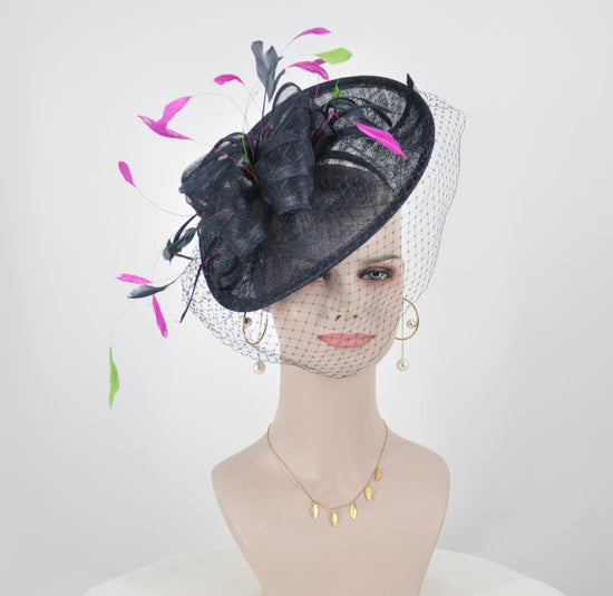 Navy Sinamay Fascinator Hat: Derby Race Feathered Headband