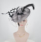 Gray Sinamay Fascinator Hat: Feather & Net Derby Race Headband
