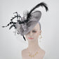 Gray Sinamay Fascinator Hat: Feather & Net Derby Race Headband