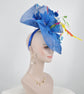 Jumbo Blue Sinamay  Fascinator Hat with Jumbo  Flower and Colorful Feathers