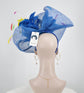 Jumbo Blue Sinamay  Fascinator Hat with Jumbo  Flower and Colorful Feathers