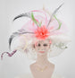 White w Pink Jumbo Bow and Feather Flowers Kentucky Derby Hat,  Tea Party Hat Wide Brim  Sinamay  Hat