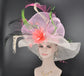 White w Pink Jumbo Bow and Feather Flowers Kentucky Derby Hat,  Tea Party Hat Wide Brim  Sinamay  Hat