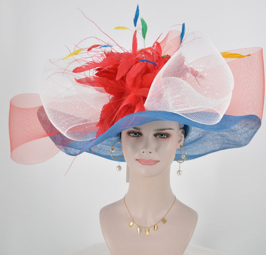 Wide Brim Sinamay Derby Hat: Blue, White, Red Feather Flower Bow