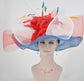 Wide Brim Sinamay Derby Hat: Blue, White, Red Feather Flower Bow