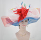 Wide Brim Sinamay Derby Hat: Blue, White, Red Feather Flower Bow