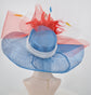 Wide Brim Sinamay Derby Hat: Blue, White, Red Feather Flower Bow