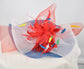 Wide Brim Sinamay Derby Hat: Blue, White, Red Feather Flower Bow
