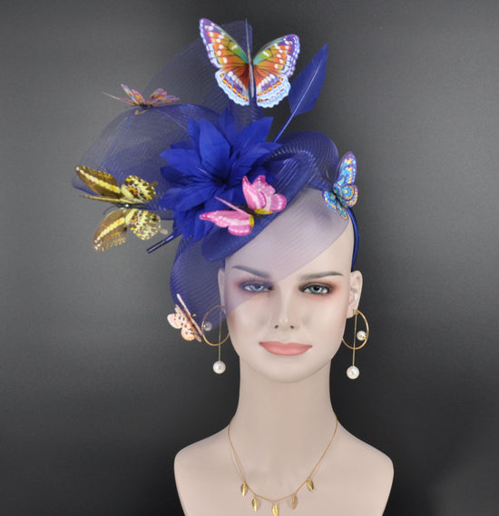 Royal Blue DerbyFascinator: Feather, Butterfly, Floral Headband