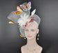 Kentucky Derby Wedding Feather w Butterflies  Floral Organza w Sinamay Headband Fascinator Hat Cocktail White