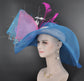 Blue Sinamay Derby Hat: Pink Feather Flower Tea Party Hat