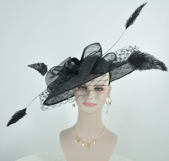 Wide Brim Kentucky Derby Fascinator Hat, Ascot Hat for Wedding & Tea Party, Garden Party Hat, Mother of the Bride, Church Black