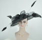 Sinamay Disc Fascinator Hat with  Jumbo Feathers and netting Black