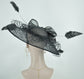 Sinamay Disc Fascinator Hat with  Jumbo Feathers and netting Black