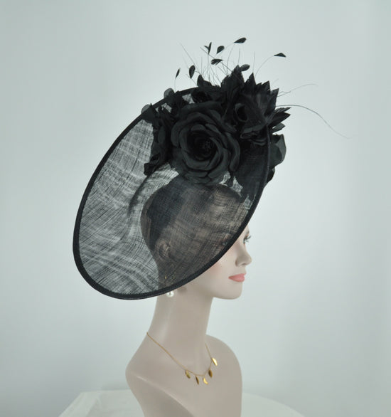 Black Sinamay Disc Fascinator Hat with  Jumbo Silk and  Feather Flowers