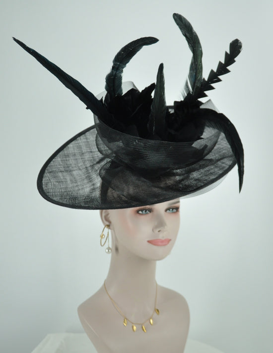 Black  Sinamay Disc Fascinator Hat with  Jumbo   Feather Flowers