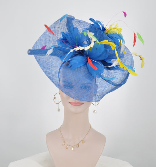 Jumbo Blue Sinamay  Fascinator Hat with Jumbo  Flower and Colorful Feathers
