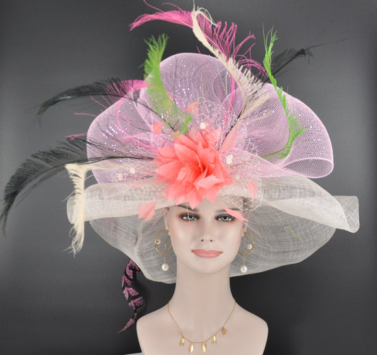 Pink Floral Derby Hat, Wide Brim Sinamay Feather Hat