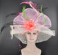 White w Pink Jumbo Bow and Feather Flowers Kentucky Derby Hat,  Tea Party Hat Wide Brim  Sinamay  Hat