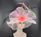 White w Pink Jumbo Bow and Feather Flowers Kentucky Derby Hat,  Tea Party Hat Wide Brim  Sinamay  Hat