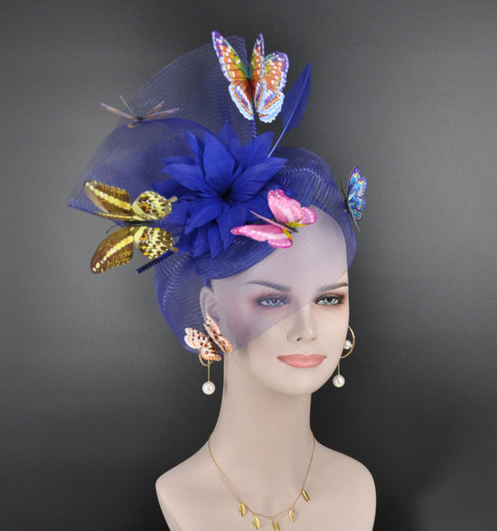 Royal Blue Kentucky Derby Fascinator: Feather, Butterfly, Floral Headband